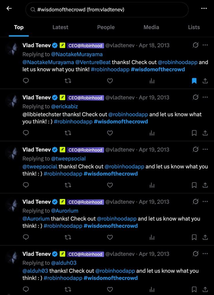 #wisdomofthecrowd search results from Vlad Tenev on X
